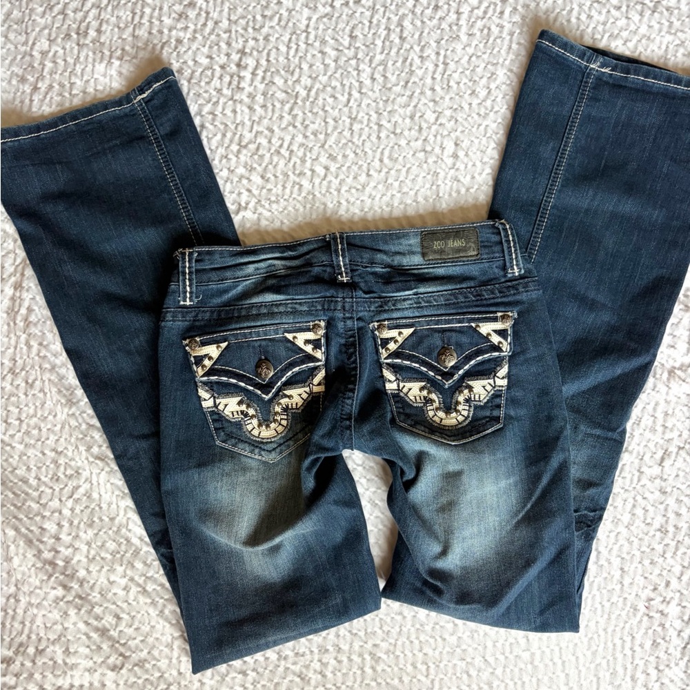 Y2K Low Rise Flare Jeans Embellished Pocket Dark Wash ZCO Jeans